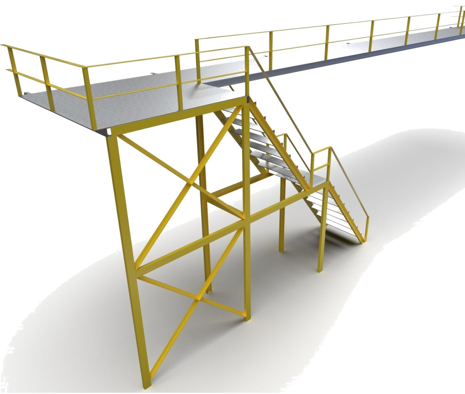 CAD render of a braced steel access platform with a stair and a long elevated walkway with handrails.