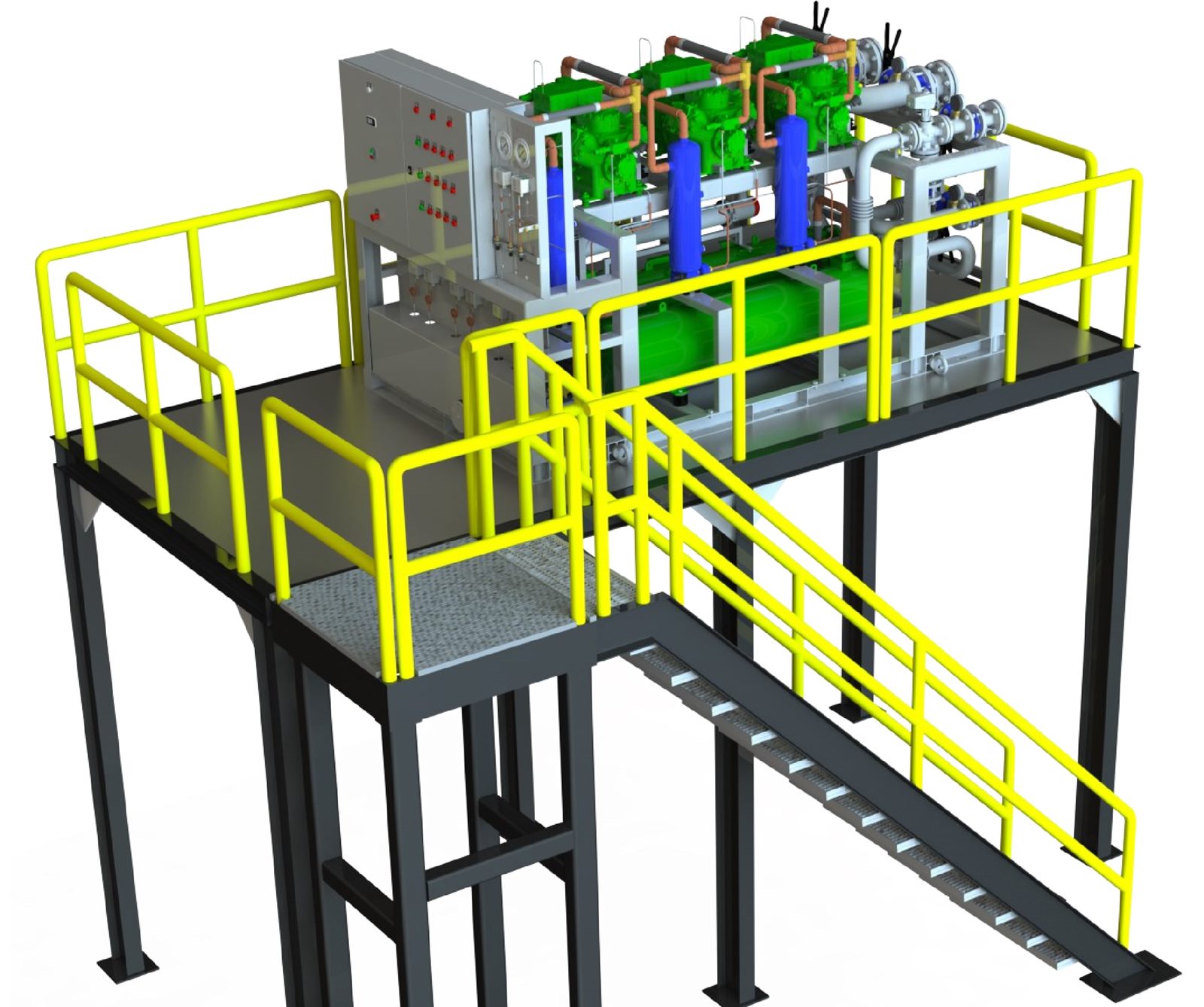 CAD render of a steel mezzanine carrying a refrigeration compressor rack and control panel, with guardrails and a stair.