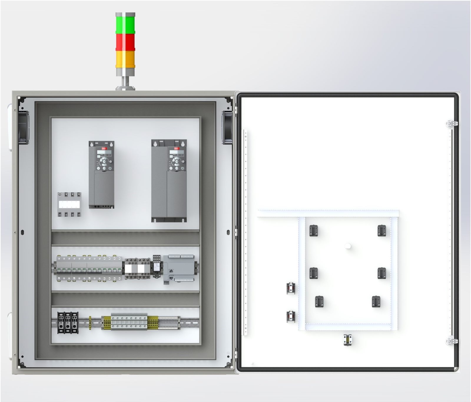 CAD render of an open electrical enclosure with two drives, a PLC, DIN-rail components, and a stack light.