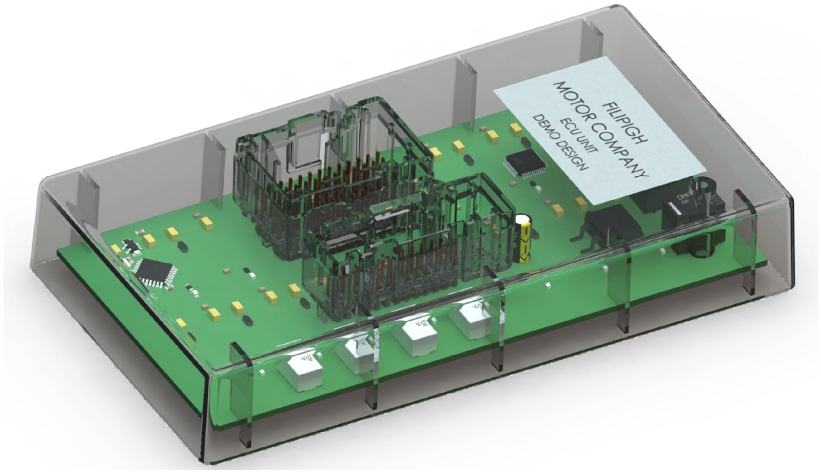 CAD render of a translucent plastic housing showing a PCB with header connectors and internal ribs.